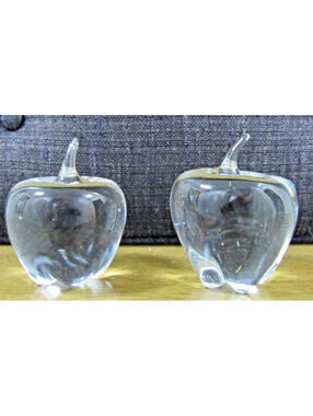 Matched Pair of Clear Crystal Apple Paperweights Figurines